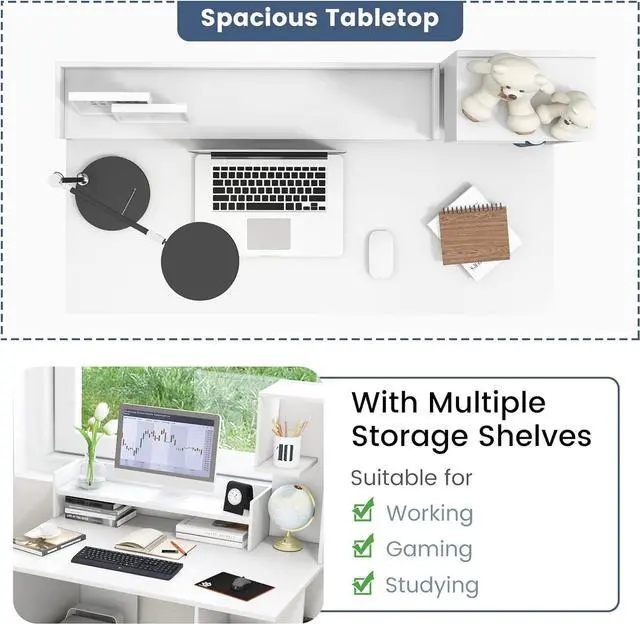 Alt view image 6 of 7 - Tangkula White Desk with Storage Bookshelf & Hutch, 48 Modern Home Office Desk with 8 Storage Shelves, Space Saving Writing Study Desk for Bedroom, Compact Computer Workstation for Home