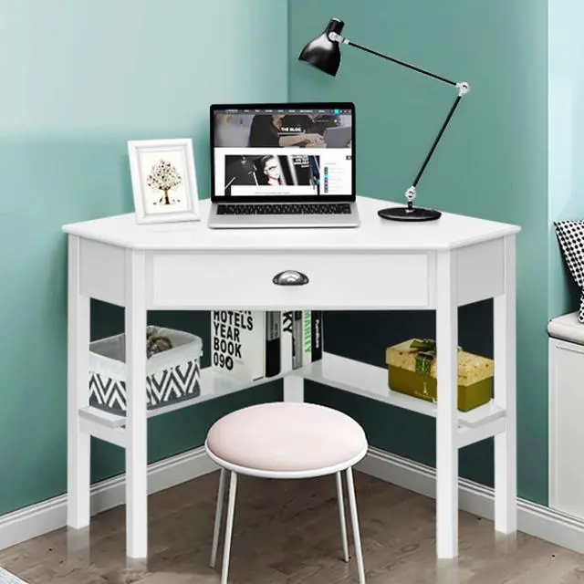 Alt view image 4 of 7 - Tangkula White Corner Desk with Drawer, Storage Shelves for Computer, Makeup Vanity Desk for Small Space, 90 Degrees Triangle Desk