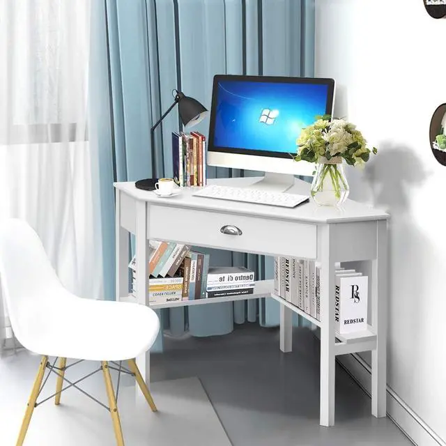 Alt view image 2 of 7 - Tangkula White Corner Desk with Drawer, Storage Shelves for Computer, Makeup Vanity Desk for Small Space, 90 Degrees Triangle Desk
