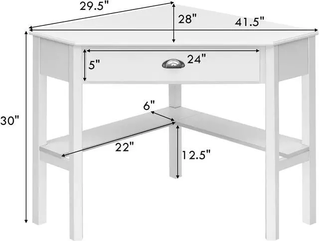 Alt view image 3 of 7 - Tangkula White Corner Desk with Drawer, Storage Shelves for Computer, Makeup Vanity Desk for Small Space, 90 Degrees Triangle Desk