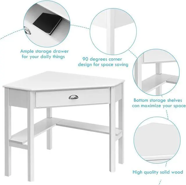 Alt view image 6 of 7 - Tangkula White Corner Desk with Drawer, Storage Shelves for Computer, Makeup Vanity Desk for Small Space, 90 Degrees Triangle Desk