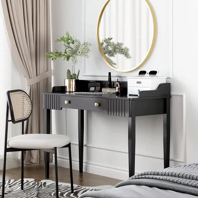 Alt view image 6 of 7 - ukorua Black Vanity Desk Wooden Desk with Drawer Modern Desk Computer Desk White Makeup Table with Gold Handle