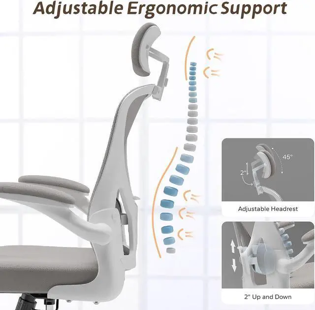 Alt view image 3 of 7 - Office Chair, Ergonomic Office Chair with Back Support and Adjustable Arm Rest, Home Office Desk Chairs with Wheels, Comfy Desk Chair for Work and Study, Gray