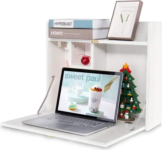 Main image of YUSING Wall Mounted Table, Multifunctional Fold Down Wall Mounted Laptop Computer Desk with Storage Compartments for Home, Office, White