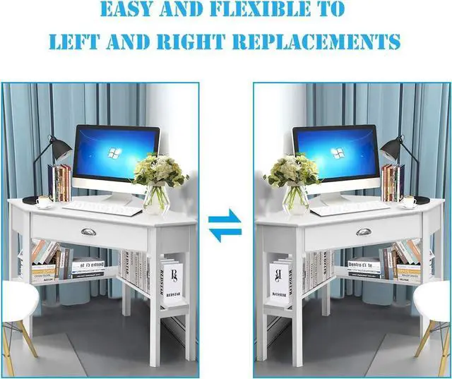 Alt view image 7 of 7 - Tangkula White Corner Desk with Drawer, Storage Shelves for Computer, Makeup Vanity Desk for Small Space, 90 Degrees Triangle Desk