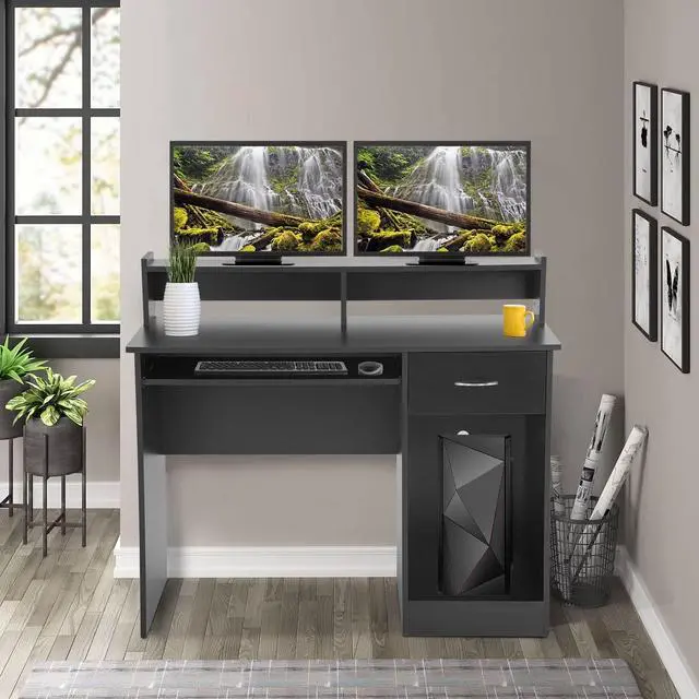 Alt view image 2 of 7 - PayLessHere Office Desk, Computer Desk with Drawers Keyboard Tray 43" Study Writing Desks for Home with Storage Shelves, Desks & Workstations