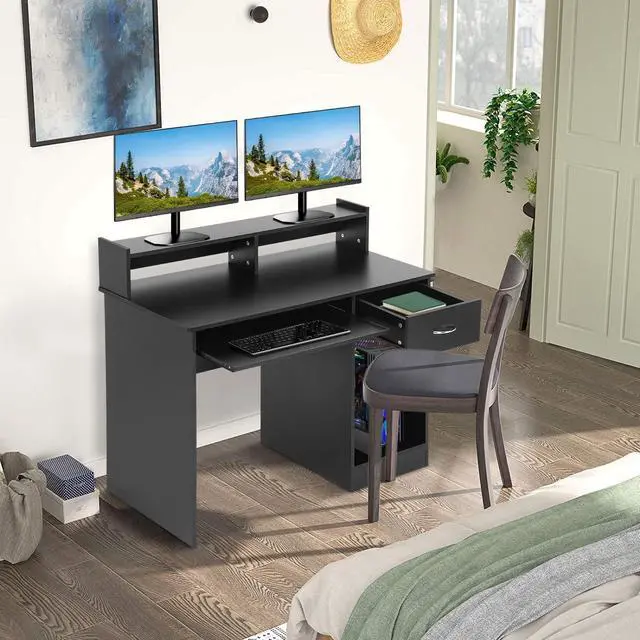 Alt view image 4 of 7 - PayLessHere Office Desk, Computer Desk with Drawers Keyboard Tray 43" Study Writing Desks for Home with Storage Shelves, Desks & Workstations