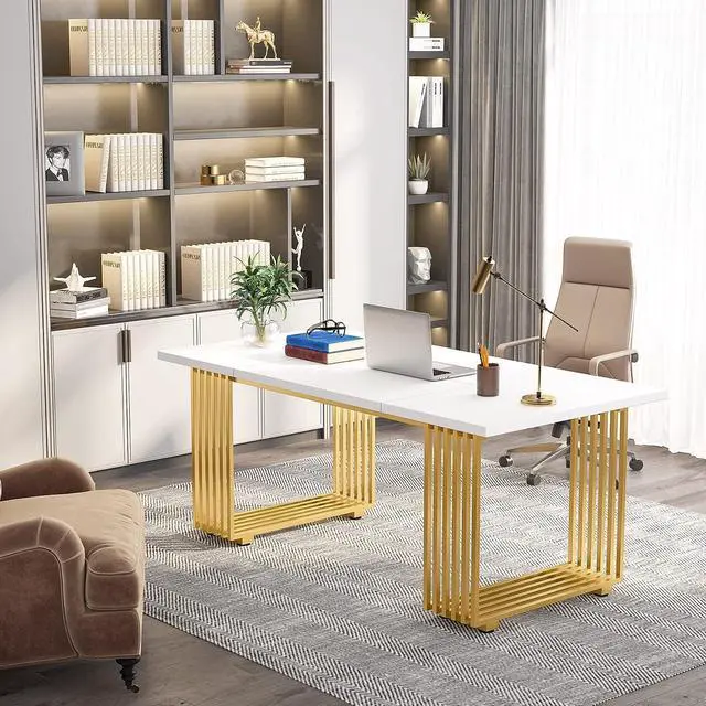 Alt view image 5 of 7 - LITTLE TREE 70.9 in Executive Desk, White Computer Desk with Gold Metal Legs