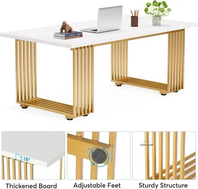 Alt view image 5 of 7 - Tribesigns 70.9" Modern Office Desk, Wooden Computer Desk, White Executive Desk with Gold Metal Legs, Large Workstation for Home Office, Study Writing Desk, Small Conference Table for Meeting Room