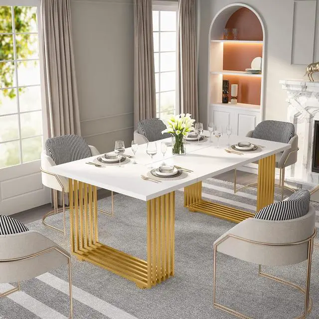 Alt view image 7 of 7 - LITTLE TREE 70.9 in Executive Desk, White Computer Desk with Gold Metal Legs