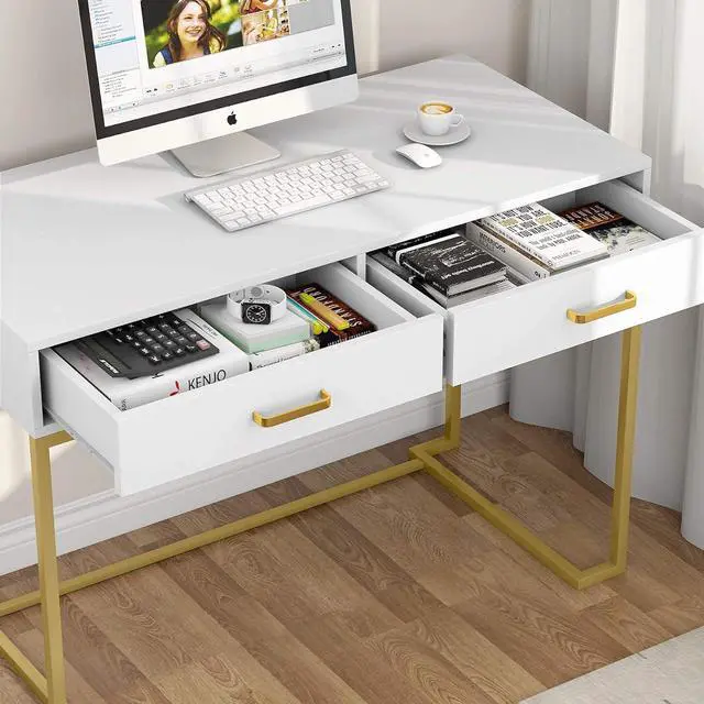 Alt view image 6 of 7 - Tribesigns 40 Inch Computer Desk, White and Gold Desk with 2 Drawers, Modern Simple Home Office Desk, Gold Writing Desk Study Table for Bedroom, Modern Makeup Vanity Desk for Small Spaces