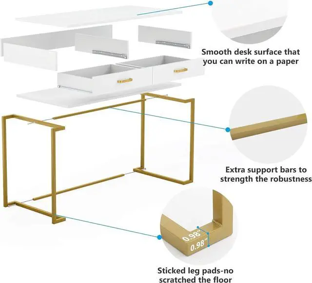 Alt view image 7 of 7 - Tribesigns 40 Inch Computer Desk, White and Gold Desk with 2 Drawers, Modern Simple Home Office Desk, Gold Writing Desk Study Table for Bedroom, Modern Makeup Vanity Desk for Small Spaces