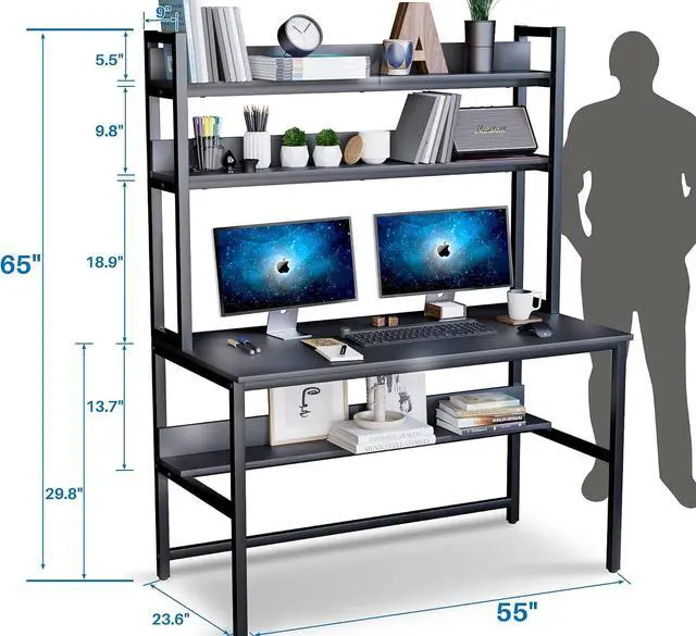 Alt view image 3 of 7 - Aquzee Desk with Hutch, Computer Desk with Shelves, 55 Inch