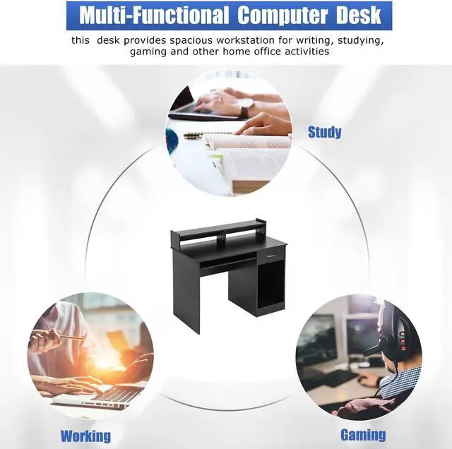 Alt view image 5 of 7 - PayLessHere Office Desk, Computer Desk with Drawers Keyboard Tray 43" Study Writing Desks for Home with Storage Shelves, Desks & Workstations