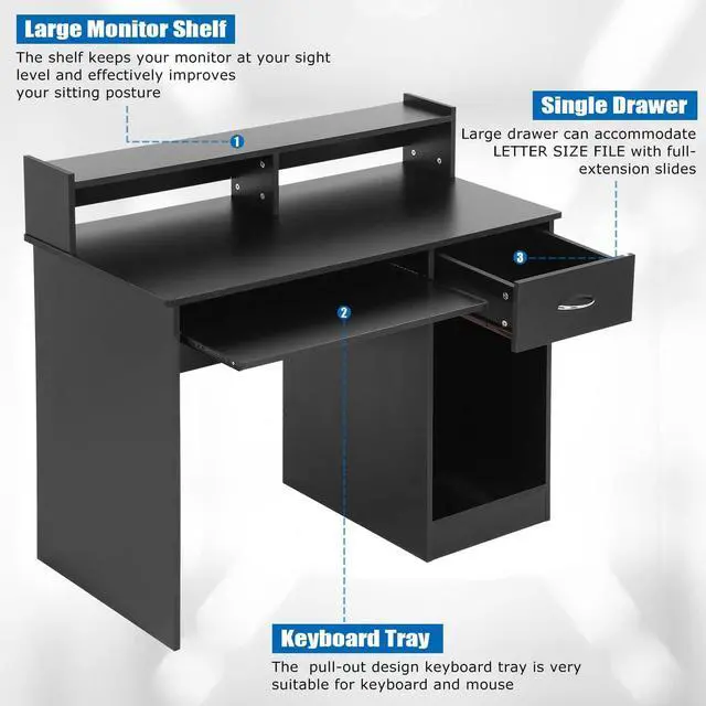 Alt view image 7 of 7 - PayLessHere Office Desk, Computer Desk with Drawers Keyboard Tray 43" Study Writing Desks for Home with Storage Shelves, Desks & Workstations