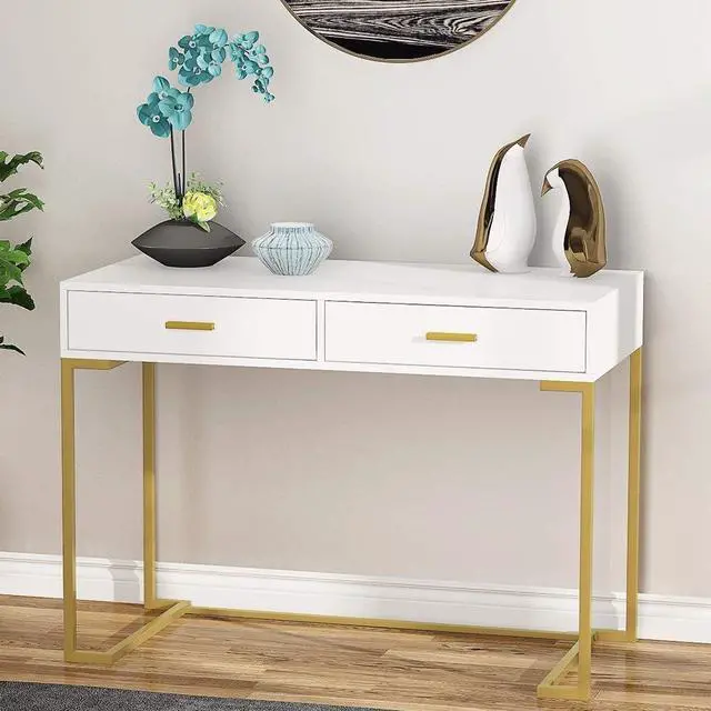 Alt view image 4 of 7 - Tribesigns 40 Inch Computer Desk, White and Gold Desk with 2 Drawers, Modern Simple Home Office Desk, Gold Writing Desk Study Table for Bedroom, Modern Makeup Vanity Desk for Small Spaces
