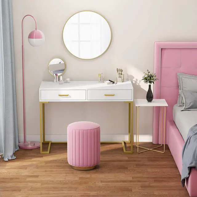 Alt view image 5 of 7 - Tribesigns 40 Inch Computer Desk, White and Gold Desk with 2 Drawers, Modern Simple Home Office Desk, Gold Writing Desk Study Table for Bedroom, Modern Makeup Vanity Desk for Small Spaces
