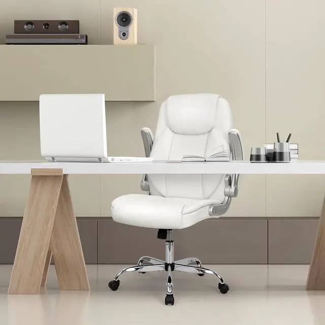 Alt view image 2 of 7 - NEO CHAIR Ergonomic Office Chair PU Leather Executive Chair Padded Flip Up Armrest Computer Chair Adjustable Height High Back Lumbar Support Wheels Swivel for Gaming Desk Chair (White)