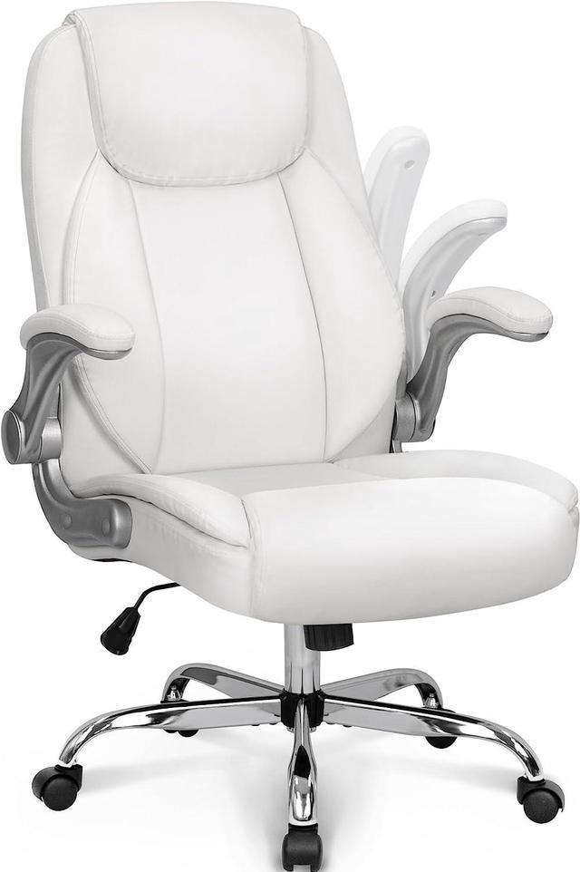 NEO CHAIR Ergonomic Office Chair PU Leather Executive Chair Padded Flip Up  Armrest Computer Chair Adjustable Height High Back Lumbar Support Wheels  Swivel for Gaming Desk Chair (White) 