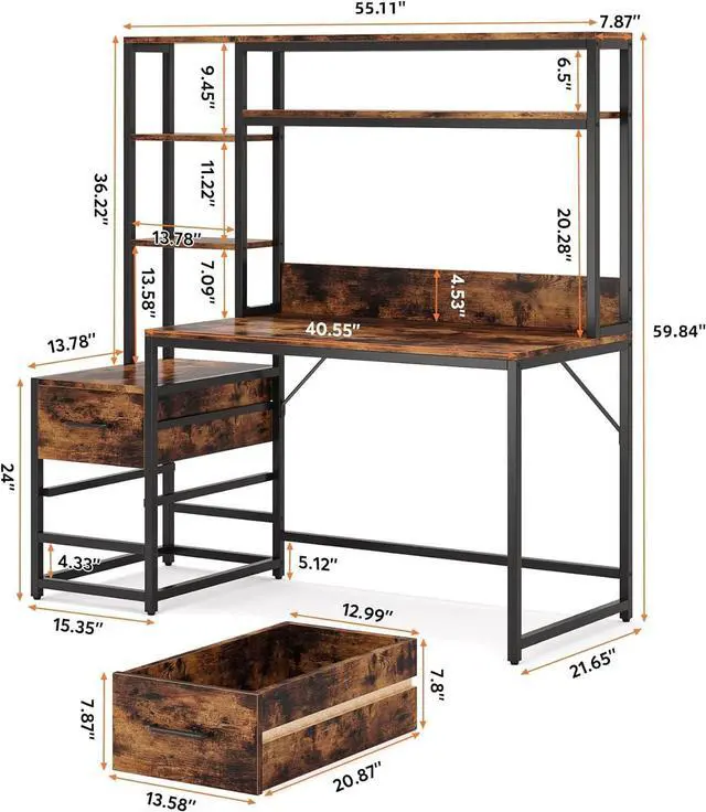 Alt view image 2 of 7 - Tribesigns 55 Inch Computer Desk with 2 Drawers and Storage Shelves, Rustic Office Desk with Hutch, Study Writing Gaming Table Laptop Workstation for Home Office (Brown)