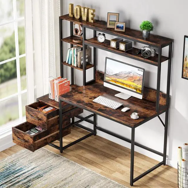 Alt view image 3 of 7 - Tribesigns 55 Inch Computer Desk with 2 Drawers and Storage Shelves, Rustic Office Desk with Hutch, Study Writing Gaming Table Laptop Workstation for Home Office (Brown)