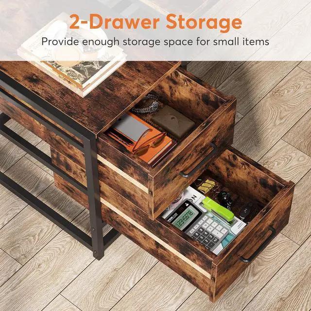 Alt view image 5 of 7 - Tribesigns 55 Inch Computer Desk with 2 Drawers and Storage Shelves, Rustic Office Desk with Hutch, Study Writing Gaming Table Laptop Workstation for Home Office (Brown)