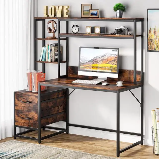 Alt view image 6 of 7 - Tribesigns 55 Inch Computer Desk with 2 Drawers and Storage Shelves, Rustic Office Desk with Hutch, Study Writing Gaming Table Laptop Workstation for Home Office (Brown)