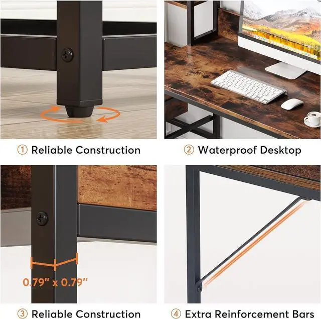 Alt view image 7 of 7 - Tribesigns 55 Inch Computer Desk with 2 Drawers and Storage Shelves, Rustic Office Desk with Hutch, Study Writing Gaming Table Laptop Workstation for Home Office (Brown)