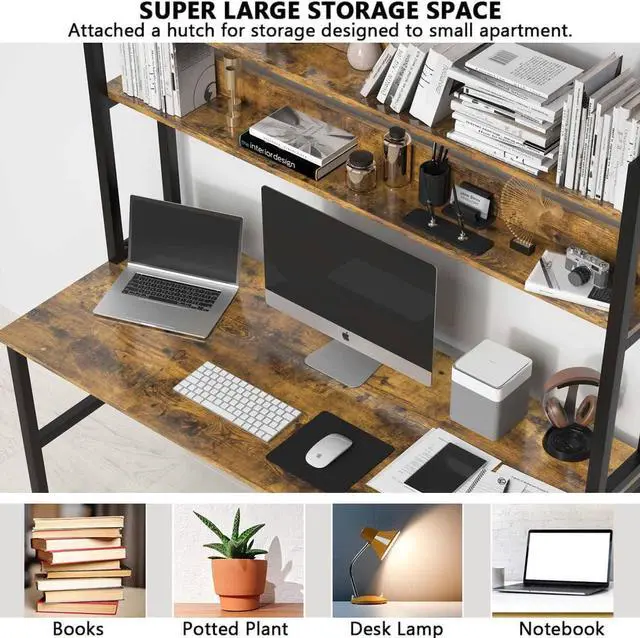 Alt view image 5 of 7 - Aquzee Computer Desk with Hutch, 47in Wide Desk with Shelves, Tall Home Office Desk with Bookshelf, Metal Legs Study Table with Upper Storage Shelf for Study Writing/Workstation 47W x 23.6D x 65H