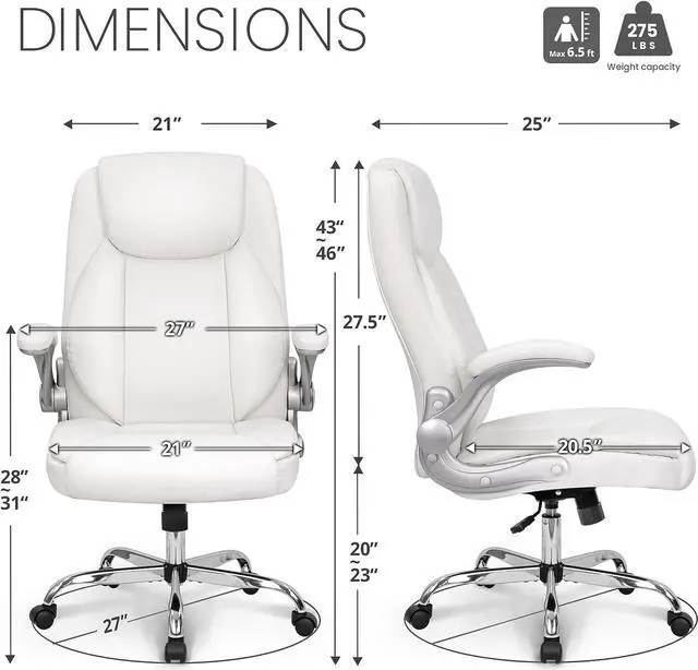 Alt view image 3 of 7 - NEO CHAIR Ergonomic Office Chair PU Leather Executive Chair Padded Flip Up Armrest Computer Chair Adjustable Height High Back Lumbar Support Wheels Swivel for Gaming Desk Chair (White)