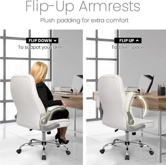 Alt view image 6 of 7 - NEO CHAIR Ergonomic Office Chair PU Leather Executive Chair Padded Flip Up Armrest Computer Chair Adjustable Height High Back Lumbar Support Wheels Swivel for Gaming Desk Chair (White)