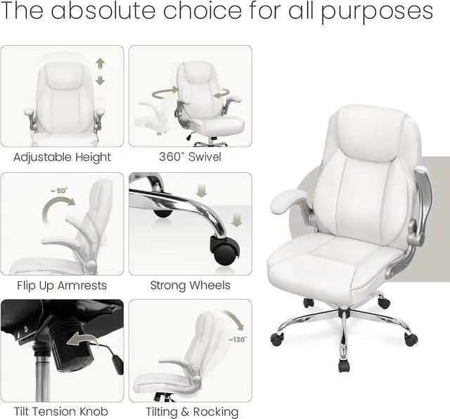 Alt view image 7 of 7 - NEO CHAIR Ergonomic Office Chair PU Leather Executive Chair Padded Flip Up Armrest Computer Chair Adjustable Height High Back Lumbar Support Wheels Swivel for Gaming Desk Chair (White)