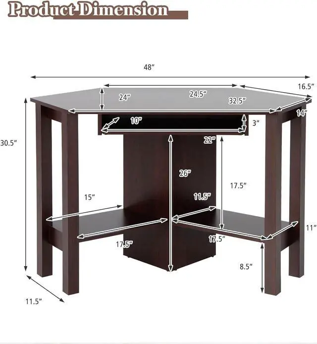 Alt view image 3 of 7 - Tangkula Corner Desk with Keyboard Tray, Triangle Corner Computer Desk for Small Space, Bedroom Corner Makeup Vanity Desk with Storage Shelves, Space Saving Corner Writing Desk