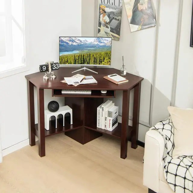 Alt view image 4 of 7 - Tangkula Corner Desk with Keyboard Tray, Triangle Corner Computer Desk for Small Space, Bedroom Corner Makeup Vanity Desk with Storage Shelves, Space Saving Corner Writing Desk