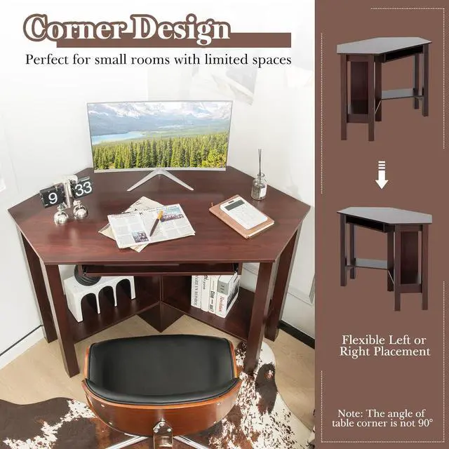 Alt view image 5 of 7 - Tangkula Corner Desk with Keyboard Tray, Triangle Corner Computer Desk for Small Space, Bedroom Corner Makeup Vanity Desk with Storage Shelves, Space Saving Corner Writing Desk