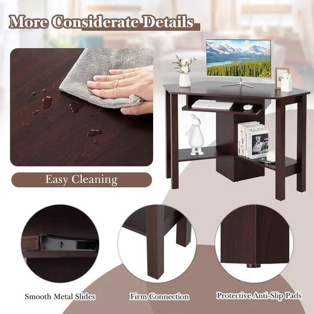 Alt view image 6 of 7 - Tangkula Corner Desk with Keyboard Tray, Triangle Corner Computer Desk for Small Space, Bedroom Corner Makeup Vanity Desk with Storage Shelves, Space Saving Corner Writing Desk