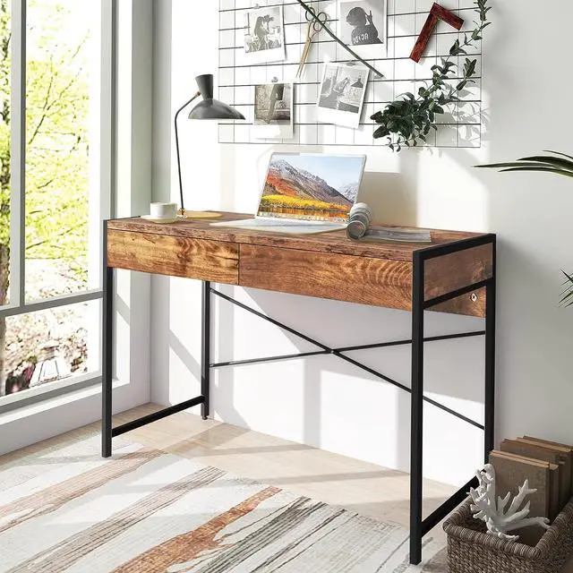 Alt view image 2 of 7 - Tangkula Industrial Computer Desk with 2 Drawers, Simple Study Writing Desk with Drawers, 44 Inches Laptop PC Workstation, Student Desk Home Office Desk Ideal for Bedroom & Office (Rustic Brown)