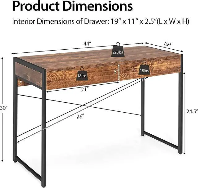 Alt view image 3 of 7 - Tangkula Industrial Computer Desk with 2 Drawers, Simple Study Writing Desk with Drawers, 44 Inches Laptop PC Workstation, Student Desk Home Office Desk Ideal for Bedroom & Office (Rustic Brown)