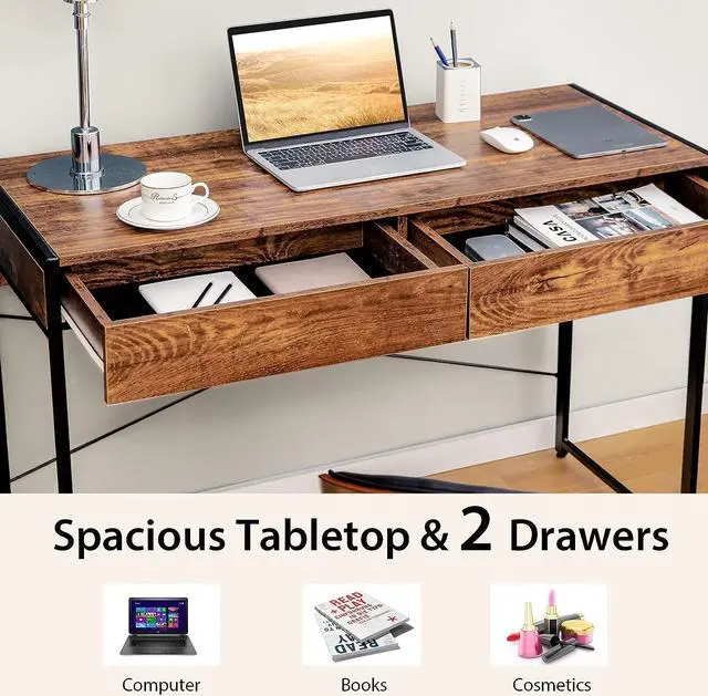 Alt view image 4 of 7 - Tangkula Industrial Computer Desk with 2 Drawers, Simple Study Writing Desk with Drawers, 44 Inches Laptop PC Workstation, Student Desk Home Office Desk Ideal for Bedroom & Office (Rustic Brown)