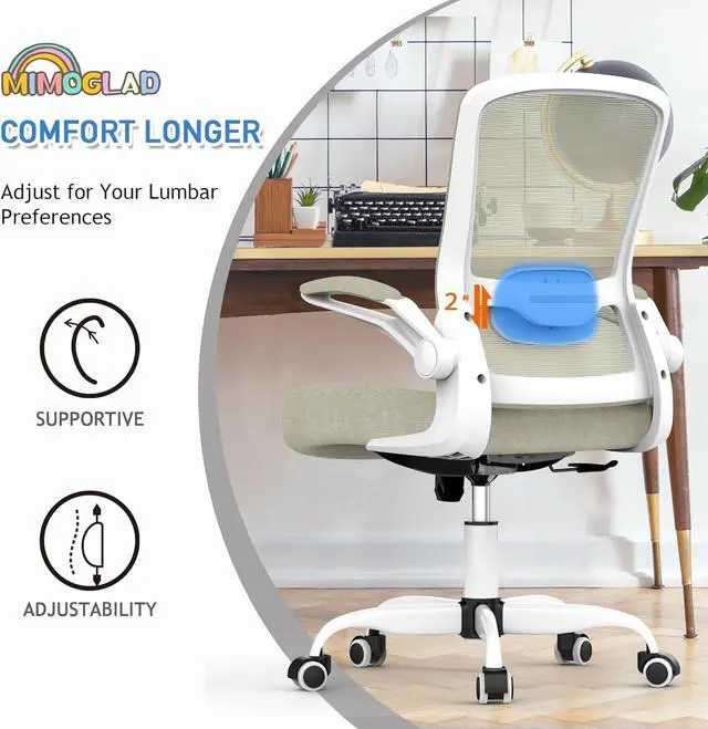 Alt view image 2 of 6 - Home Office Chair, High Back Desk Chair, Ergonomic Mesh Computer Chair with Adjustable Lumbar Support and Thickened Seat Cushion (Modern, Beige)