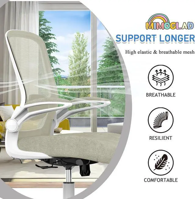 Alt view image 3 of 6 - Home Office Chair, High Back Desk Chair, Ergonomic Mesh Computer Chair with Adjustable Lumbar Support and Thickened Seat Cushion (Modern, Beige)