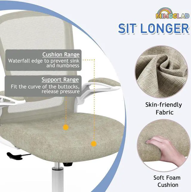 Alt view image 6 of 6 - Home Office Chair, High Back Desk Chair, Ergonomic Mesh Computer Chair with Adjustable Lumbar Support and Thickened Seat Cushion (Modern, Beige)
