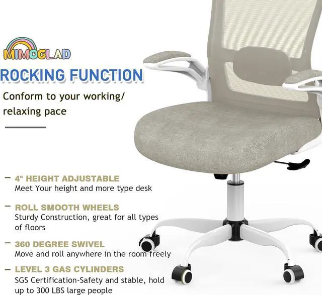Alt view image 5 of 6 - Home Office Chair, High Back Desk Chair, Ergonomic Mesh Computer Chair with Adjustable Lumbar Support and Thickened Seat Cushion (Modern, Beige)