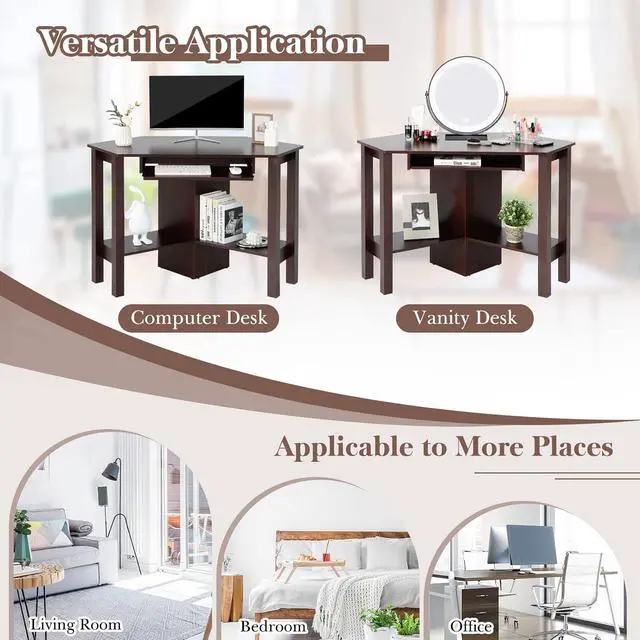 Alt view image 7 of 7 - Tangkula Corner Desk with Keyboard Tray, Triangle Corner Computer Desk for Small Space, Bedroom Corner Makeup Vanity Desk with Storage Shelves, Space Saving Corner Writing Desk