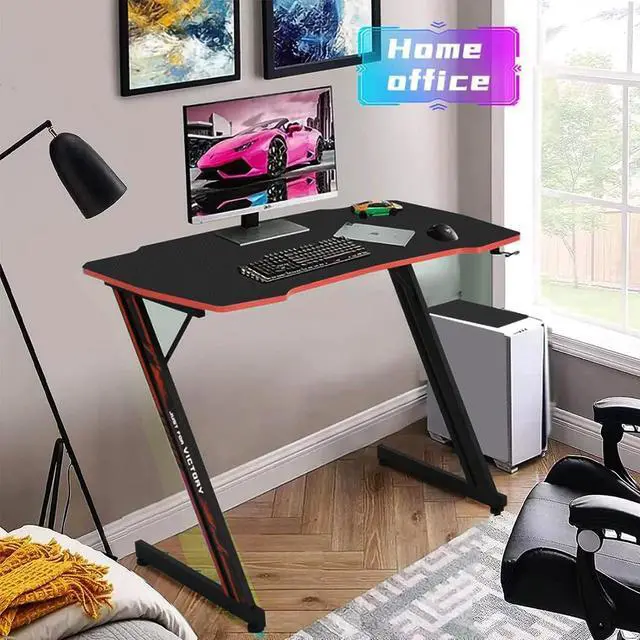 Alt view image 4 of 7 - 39 Inch Gaming Desk Z-Shaped Computer Gaming Workstation with Headset Hook Home Office Desk, Ergonomic Small Gaming Table and Small Desk with Footbed, MDF Desktop and Metal Frame, Red