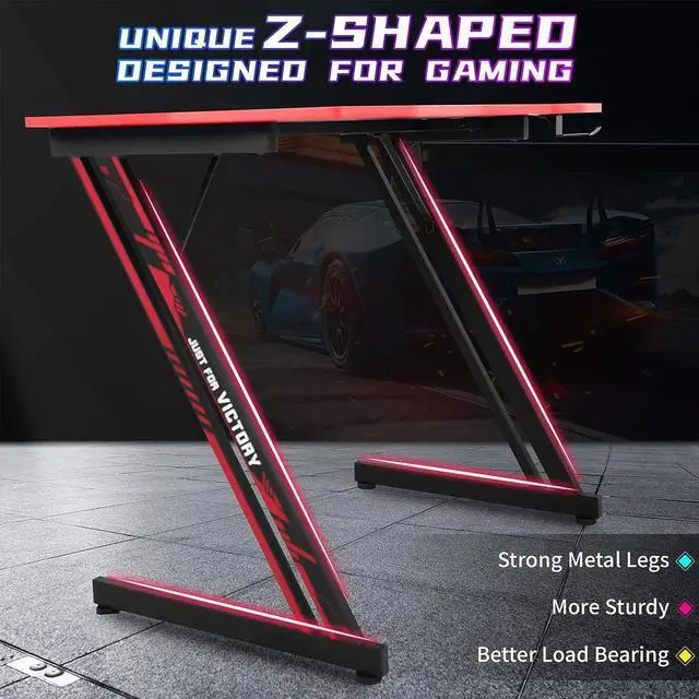 Alt view image 7 of 7 - 39 Inch Gaming Desk Z-Shaped Computer Gaming Workstation with Headset Hook Home Office Desk, Ergonomic Small Gaming Table and Small Desk with Footbed, MDF Desktop and Metal Frame, Red
