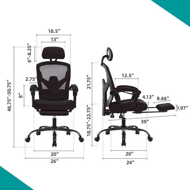 Alt view image 6 of 6 - Ergonomic Office Chair, Reclining High Back Mesh Chair, Computer Desk Chair, Swivel Rolling Home Task Chair with Lumbar Support Pillow, Adjustable Headrest, Retractable Footrest and Padded Armrests