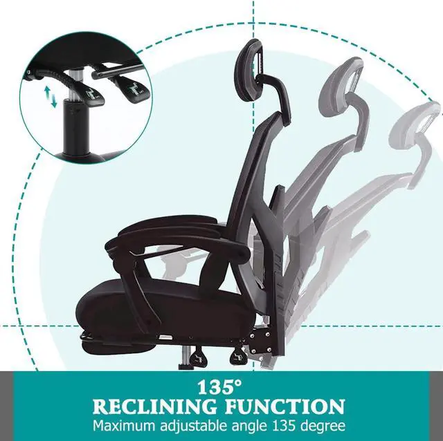 Alt view image 2 of 6 - Ergonomic Office Chair, Reclining High Back Mesh Chair, Computer Desk Chair, Swivel Rolling Home Task Chair with Lumbar Support Pillow, Adjustable Headrest, Retractable Footrest and Padded Armrests
