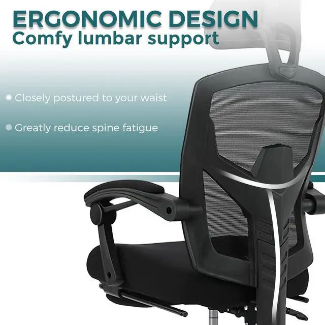 Alt view image 3 of 6 - Ergonomic Office Chair, Reclining High Back Mesh Chair, Computer Desk Chair, Swivel Rolling Home Task Chair with Lumbar Support Pillow, Adjustable Headrest, Retractable Footrest and Padded Armrests