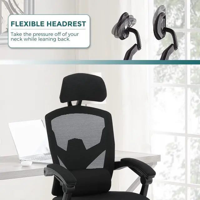 Alt view image 4 of 6 - Ergonomic Office Chair, Reclining High Back Mesh Chair, Computer Desk Chair, Swivel Rolling Home Task Chair with Lumbar Support Pillow, Adjustable Headrest, Retractable Footrest and Padded Armrests